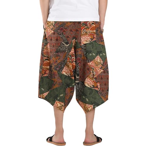 Plus Size Harem Pants Men, Boho Wide Leg Capri Pants Elastic Waist Drawstring Hippie Trousers Casual Loose Pant3