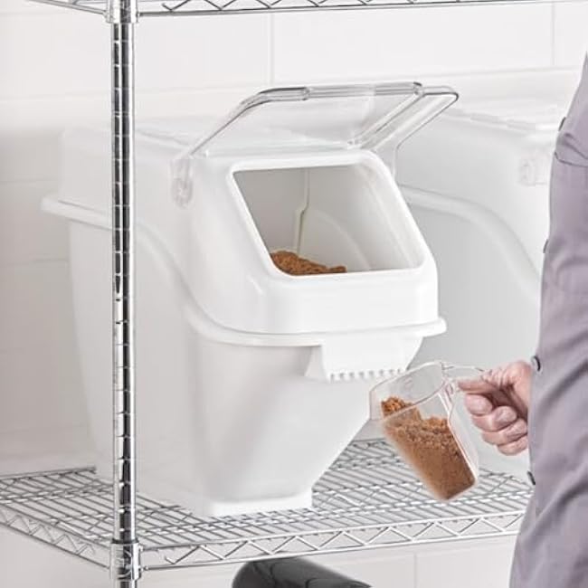 Soro Essentials- 5 Gallon Shelf Ingredient Bin with Hinged Clear Lid Plastic Scoop White Color- Kitchen Food Container Food Storage for Sugar Grains Rice Baking Supplies