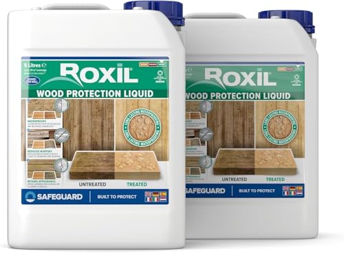 Roxil Holzschutzflüssigkeit - Bis zu 10 Jahre Witterungsschutz und Hydrophobierung für Weichholz und gealtetes Hartholz - Geeignet für Holzmöbel, Gartenmöbel (Transparent, 2 x 5 L)