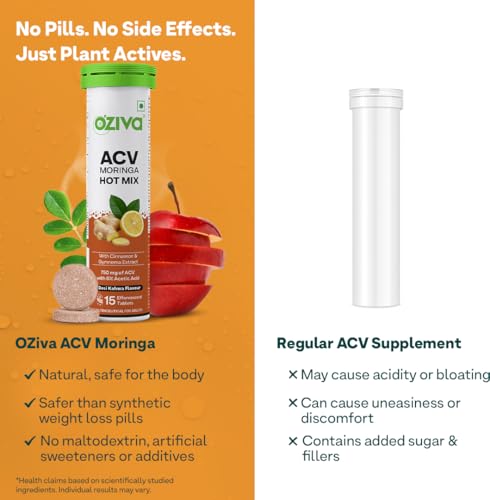 Image of OZiva ACV Moringa Hot Mix | Control Cravings & Boost Metabolism | Apple Cider Vinegar, Gymnema, Cinnamon, Moringa | Desi Kahwa - 15 Effervscent Tablets.