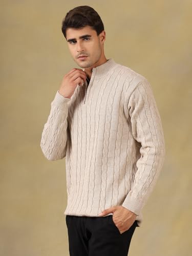 Image of Kvetoo Men's Wool High Neck Zipper Sweater, Full Sleeve Cable Knit Quarter Zip Winter Pullover