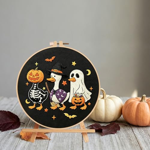 Image of Nuberlic Halloween Embroidery Kit for Beginners Adults DIY Needlepoint | Complete Halloween Embroidery Kit With Cute Ghost, Pumpkin And Duck Design For Handmade Decor, Relaxing Needlework And Gifts.