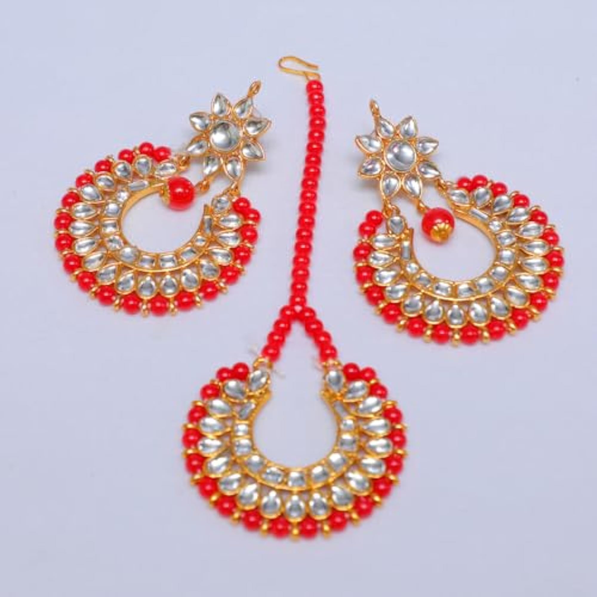 Red Kundan Choker Necklace Set with Earrings & Maang Tikka