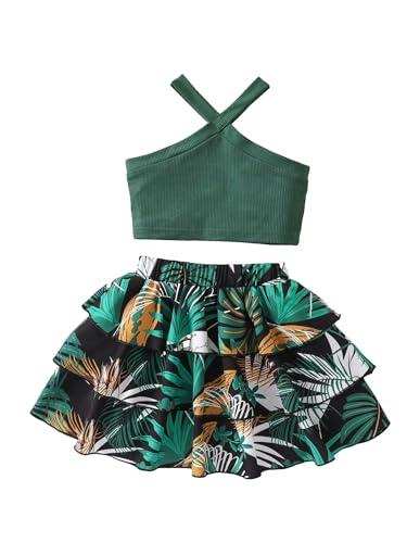 Image of Floerns Girl's 2 Piece Outfit Rib Knit Cami Top and Tiered Layered Skirt Set