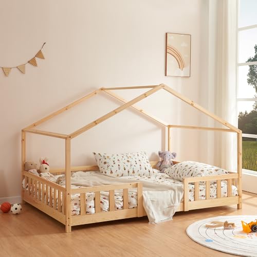 [en.casa] Kinderbett Treviolo Hausbett 120 x 200 cm Holzbett für Kinder mit Rausfallschutz Montessori Bettgestell mit Lattenrost Kiefernholz Holzfarben