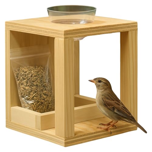 Comedero Pajaros Exterior De Madera Hecho A Mano con Compartimentos de Bebedero Pajaros de Bandeja Extraible y Comederos para Aves Silvestres Incluye Bolsa de 70gr de Comida para Aves Jardin Natural