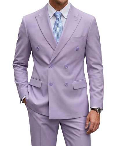 YND 2 Piece Mens Suit, Slim Fit Double Breasted Jacket and Pants Set, Peak Lapel Blazer for Wedding Prom Party Homecoming Lavender