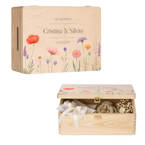 Maverton Scatola Regalo per Ricordi Personalizzata - Regalo Sposi - Scatole Portaoggetti in Legno di Pino Naturale - Regali Anniversario Matrimonio - per Coppia per Lettere Foto o Ricordi