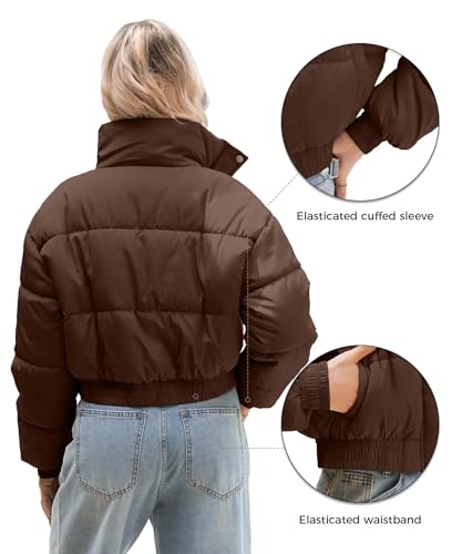 WHN Women’s Cropped Jacket Puffer Lightweight Quilted Jackets Long Sleeve Stand Collar Zipper Winter Outerwear Coat3