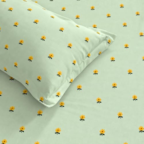 Image of EVERLUSH Single Size (36x72) 300 TC Soft Cotton Feel Microfiber All Around Elastic Fitted Single Bedsheet with 1 Pillow Cover | Small Yellow Flower