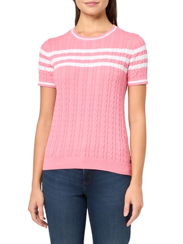 Tommy Hilfiger レディース半袖ケーブルニットセーター, 牡丹/ブライトホワイト, Large