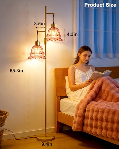 Image of 2-Light Modern Glass Floor Lamp, Gold Tall Standing Lamp with Deep Red Tulip Glass Shade for Reading, Dimmable LED Floor Lamp with 5Lbs Heavy Base for Living Room Bedroom Home Decor, Bulb Included