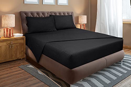 Royale Linens Striped Bed Sheet Set - Brushed Microfiber 1800 Bedding - 1 Fitted Sheet, 1 Flat Sheet, 2 Pillow Case - Wrinkle & Fade Resistant - 4 Piece Damask Stripe King Bed Sheet Set (King,Black) #TOP5