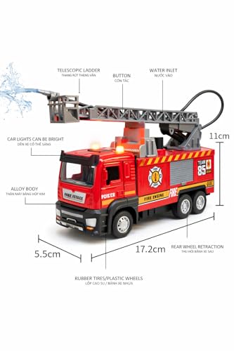 Image of Fire Fighter Truck Toy with Water Spray, Lights & Sound, Pull Back Fire Engine with 360 Rotating Ladder, Die Cast Fire Brigade Truck Toy for Kids Boys Girls