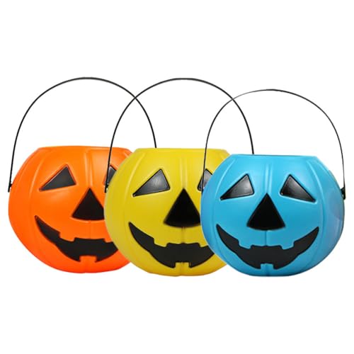 BESTonZON The 3pcs The Party Favor Buckets with Handles Pumpkin Buckets Trick-or-Treat Bucket Pumpkin Design Candy Holder Funny Plastic Barrel Snack Candy Stand PVC