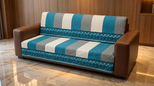 Image of Velvet 2 Seater Sofa Cover Fully Covered | Anti Skid Non Slip | Printed Aqua Blue | Sofa Slipcover for Living Room