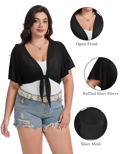 Image of Women Crop Cardigan Sheer Mesh Bolero Shrugs for Dresses Plus Size Tie Front Cardigans Ruffled Short Sleeve Tops