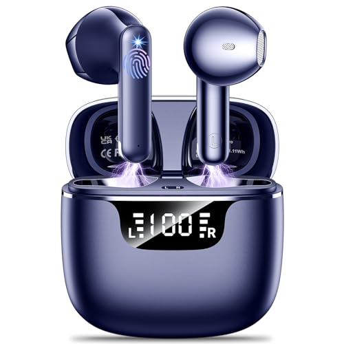 Wireless Earbuds Bluetooth 5.3 Headphones in Ear with 4 ENC Noise Cancelling Mics Ear buds HiFi Stereo Deep Bass Dual LED Display Bluetooth Earphones 42H Playtime Mini Case IP7 Waterproof Navy blue