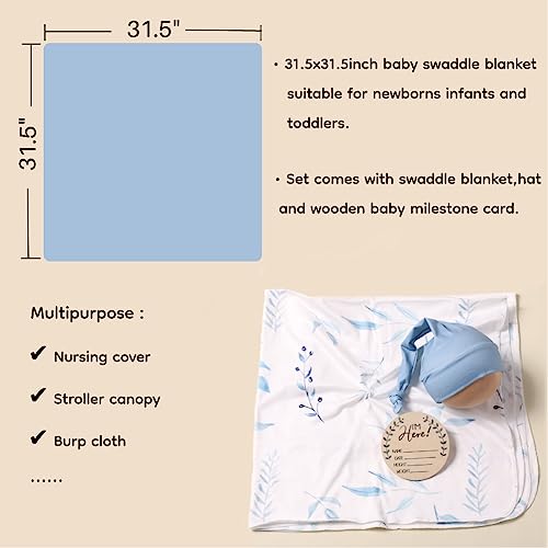 Image of Ylsteed Baby Swaddle Blanket and Headband Set, Newborn Receiving Blanket Swaddle Wrap for Girls and Boys, Swaddling Blankets Neutral for Newborn, Soft and Skin-Friendly 32 * 32 inches (Blue Leaves)