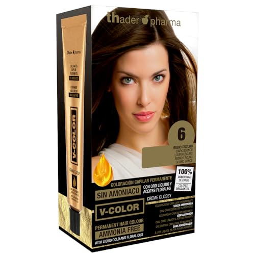 Thader Pharma V-Color Kit de Tinte permanente Sin Amoniaco con Oro Líquido 100% Cobertura de canas, 120 ml (No. 6 Rubio oscuro)