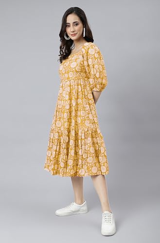 Image of Janasya Women's Cotton Floral Print Flared Dress
