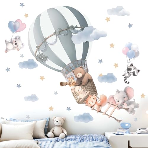 Image of Animals Balloon Wall Stickers for Nursery: Baby Girls Kids Boys Bedroom Wall Decals - Hot Air Balloon Elephant Deer Fox Koala Rabbit
