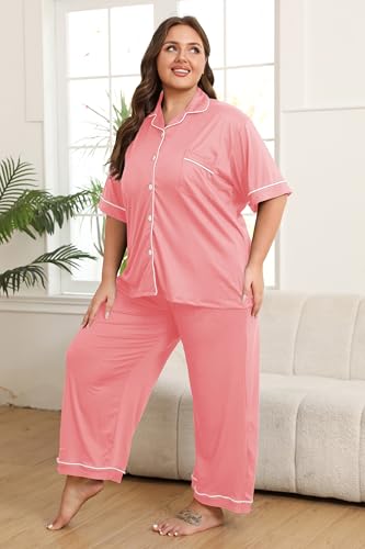 Image of Vozanet Women's Plus Size Pajamas Button Down Shirt and Pants Soft Lounge Sets Bride Nighty Bottom with Pockets 1x to 5x