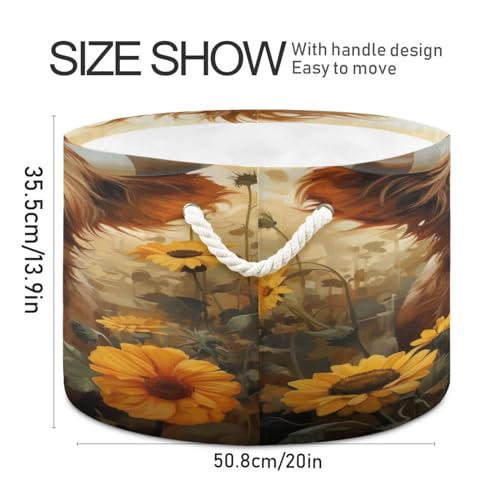 Round Cute Brown Highland Cow Yak Sunflower Storage Basket Large Organizer Bin Laundry Hamper Toy Storage Basket with Handle for Nursery Clothes Toys 202b4847
