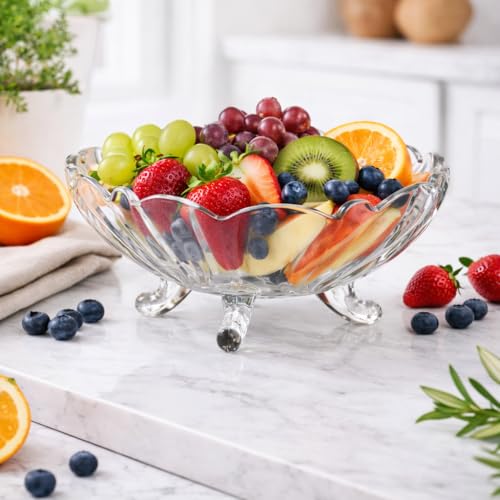 Image of Pure Source India 8-Inch Clear Glass Fruit Bowl with Footed Base - 1.5 Liter Capacity Decorative Serving Bowl for Fruit, Salad & Home Decor
