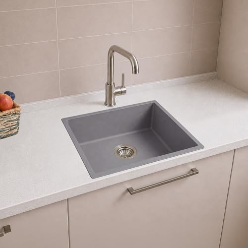 Image of Carissa By Carysil Titanium Quartz Kitchen Sink 18 x 16 x 8 inches, Single Bowl Granite Sink with 80% Quartz & 20% Resin, Heat Resistant 300C, 50kg Load Bearing, Stain Resistant - Silver Grey