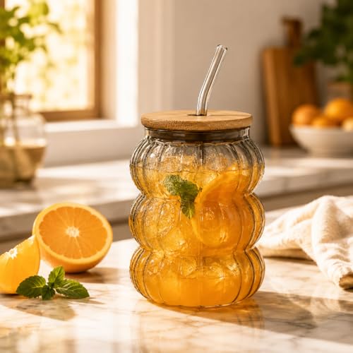 Image of Glass Tumblers with Wooden Lid and Glass Straw, 600ml, Borosilicate Glass, for Coffee, Iced Coffee, Juice and Smoothies, Coffee Mug, Sipper (Grey - Pumpkin Shape)