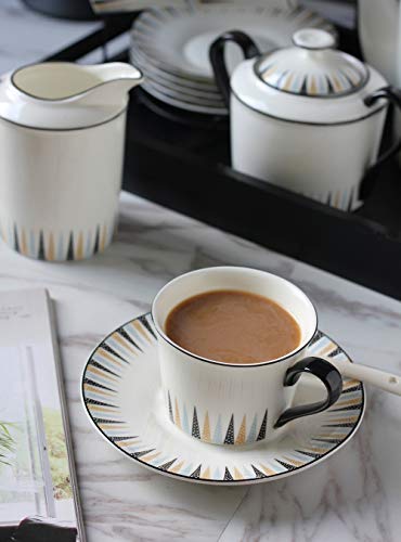 ufengke 15 Piece European Ceramic Tea Sets,Bone China Coffee Set with Metal Holder and Tea Tray,Polish Style Balck Handle