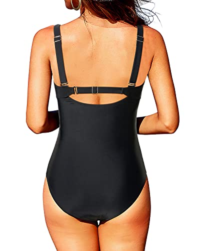 Tempt Me Women One Piece Mesh Swimsuits Tummy Control Swimwear Solid Black L