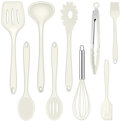 Joyfair Lot de 9 ustensiles de cuisine en silicone résistant à la chaleur avec spatule, fouet, pince à barbecue, antiadhésifs pour la cuisine et la pâtisserie - Blanc