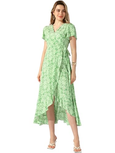 Allegra K Damen-Midikleid im Boho-Stil, Blumenmuster, V-Ausschnitt, kurzärmelig, Sommer-Wickelkleid, lässiges Midi-Kleid, grün, L