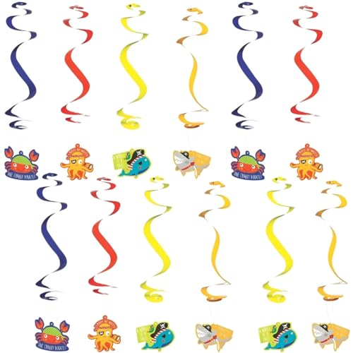 Fun Express Charming Assorted Colors Paper Pirate Animal Hanging Swirl Decorations - 20" (Pack of 12) - Perfect for Party Decor, Kids Pirate Themed Adventure