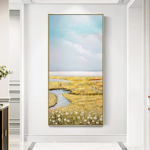 LCDIUDIU Tableau Abstrait, Bleu Ciel Jaune Texture Fleur Ruisseau Paysage Oeuvre Abstraite Moderne Original Peint À La Main Peintures À l'huile sur Toile Mur...