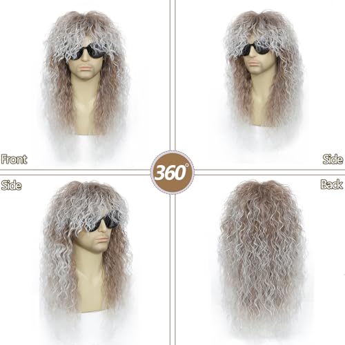 Image of Men's 80s Rocker Mullet Wig, Long Curly Fluffy Synthetic Hair Wig, Retro Heavy Metal Rockstar Wig for Halloween, Cosplay, 80s Theme Party, Disco Punk Costume (Brown with White)