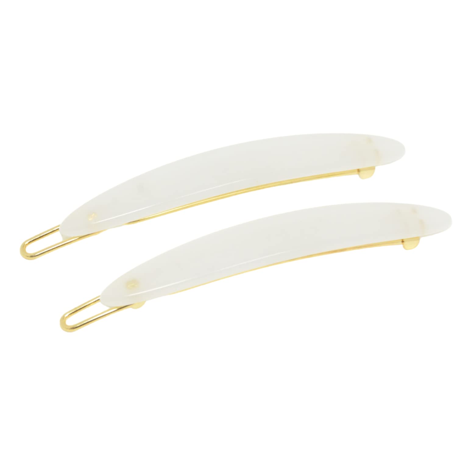 French Amie Narrow Oblong Small 2 1/4" Celluloid Acetate Set of 2 Side Slide In Hair Clip Barrettes with Tige Boule Clasp for Girls and Women, Made in France (Natural White)