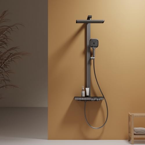 EMKE Colonne de douche thermostatique, grande tête de douche de 360 mm, barre de levage réglable, 4 fonctions, douche à main, réglage du débit d'eau, 402 x 573 x 1050 mm, anthracite mat