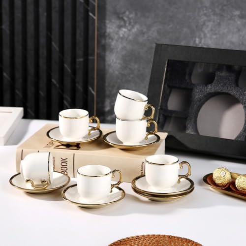 Kitpan 6pcs Espresso Turkish Coffee Cups and Saucers Set - Elegant Ceramic Tea Cups with Modern Gold Trim, Dishwasher & Microwave Safe, 90ml Capacity, Luxury Gift Box Packaging(White)