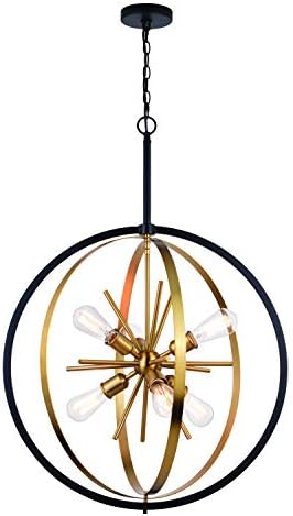 VAXCEL Estelle 26.75 Inch 6 Light Hanging Pendant Chandelier Globe, Natural Brass and Black Finish, Dimmable Ceiling Mounted Lighting, Adjustable Height