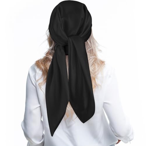 Andibro Pañuelo cuadrado grande de satén de 35 pulgadas, seda brillante de color sólido, pañuelos para la cabeza para dormir para mujer, bandana para el cabello, Negro -, 89 cm