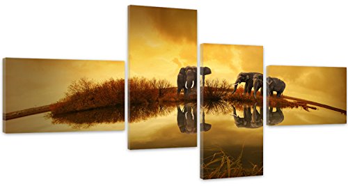 Feeby. Tableau multi panneaux - 4 parties - Impression sur toile, Décoration murale, Image imprimée, Type Z, 130x70 cm, ELEPHANTS, NATURE, MARRON