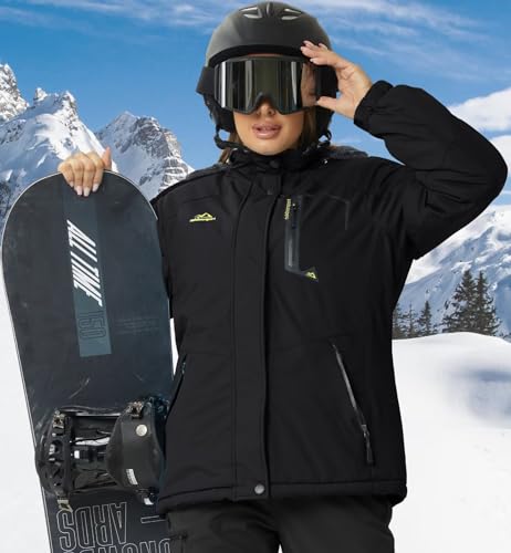 KEFITEVD Skijacke Damen Atmungsaktiv Winddicht Verdickt Fleecejacke Herbst Winter Jacke Winterparka mit Reißverschlusstaschen Bergsteigerjacke für Skifahren Schwarz XXL