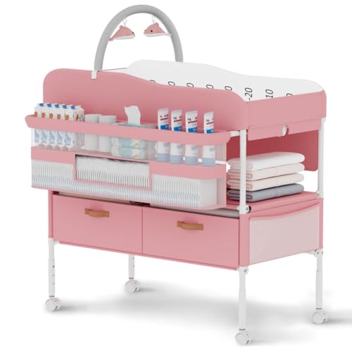 Image of Diaper Changing Station, Portable Changing Table for Baby, Diaper Changing Table with Storage Drawers, Waterproof Baby Changing Station with Wheels and Adjustable Height for Newborn Infant (Pink)