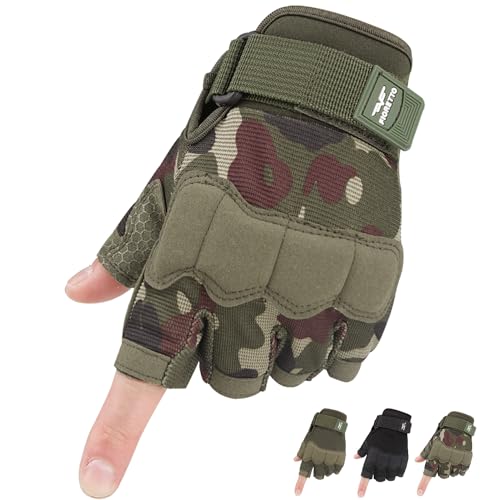 FIORETTO Fingerless Gloves, Airsoft Gloves, Half Finger Gloves for Driving, Cycling, Shooting, Hunting, Motorcycle, Climbing, Outdoor Work Green Camo Large