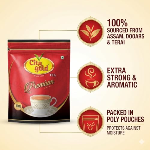 Image of CITY GOLD Premium CTC Black Tea, 1kg | Strong & Aromatic Chai | Sourced from Assam, Dooars & Terai | Freshly Packed Blended Tea Pouch