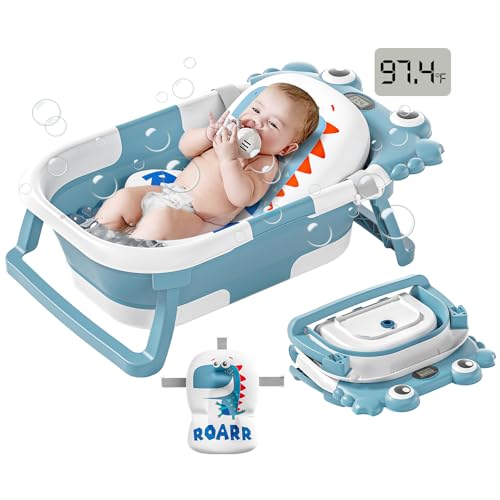 Image of Collapsible Baby Bathtub for Newborns to Toddler with Real-time Temp Monitor & Floating Cushion,Portable Travel Tub for 0-36 Month, Foldable Baby Bath Tub for Infants Boy (Light Blue)