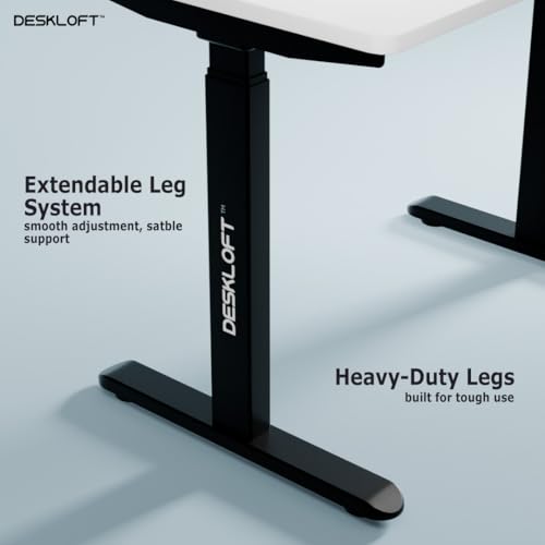 Image of Height Adjustable Electric Desk Table | Motorized Sit Stand Workstation with Walnut Wood Grain Desktop | Ergonomic Computer Table for Home Office (Black Frame & White Top, 1200 x 600 mm)